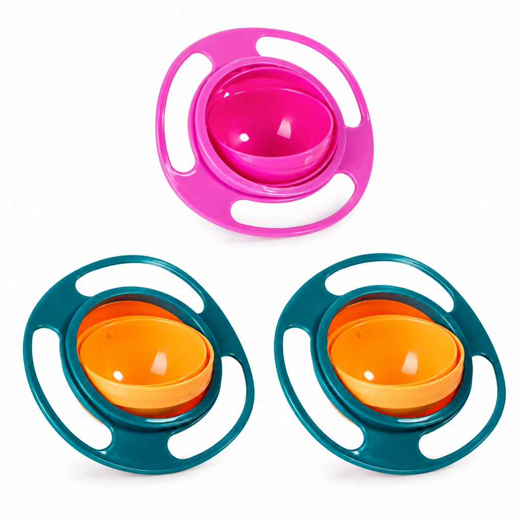 Three rotating snack bowls: one pink and two green