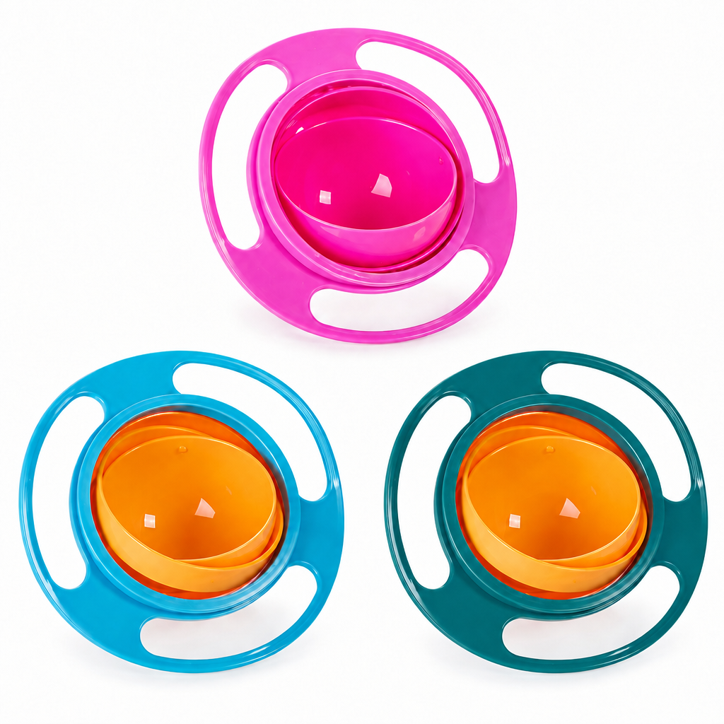 Three rotating snack bowls: one pink, one blue and one green