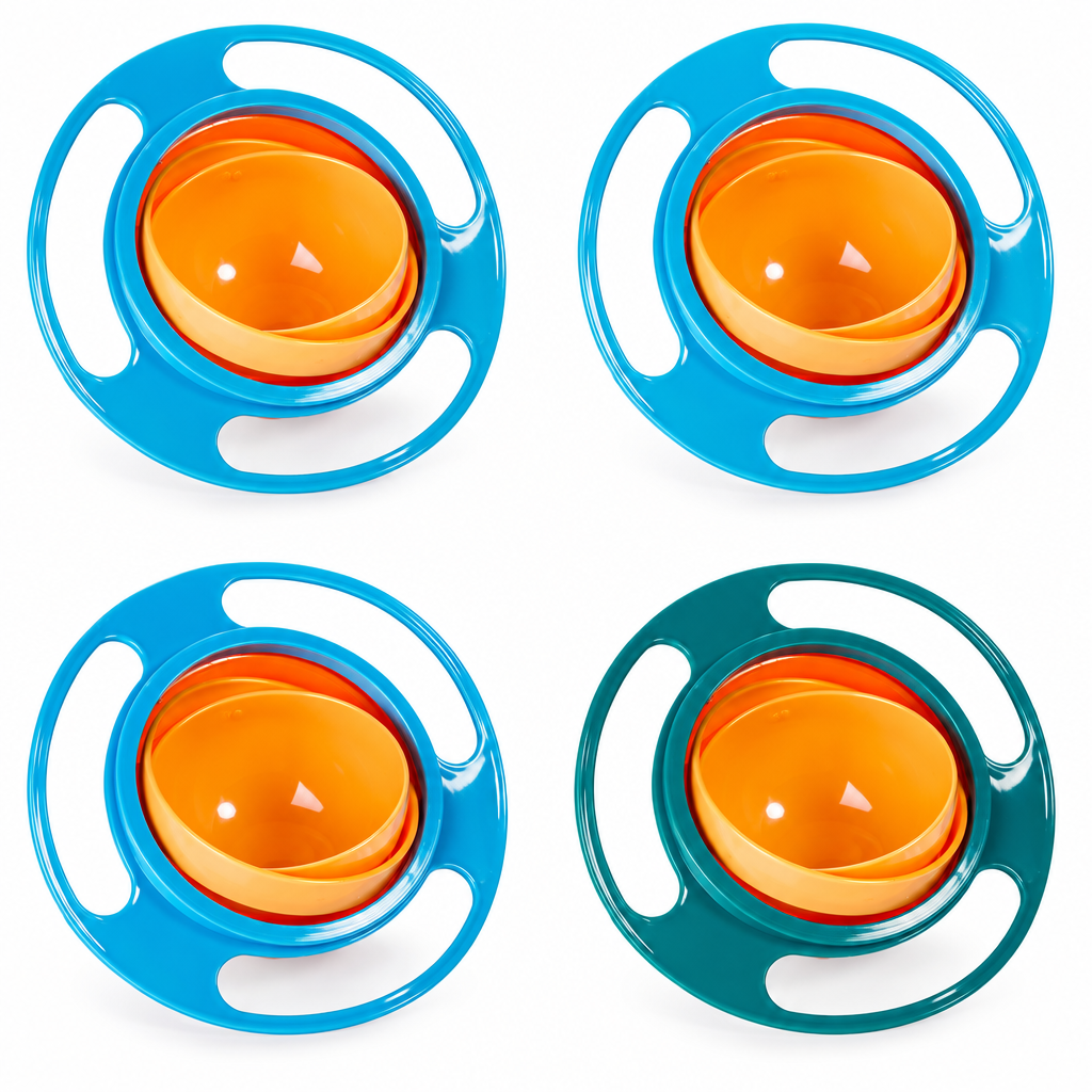 Four rotating snack bowls: three blue and one green