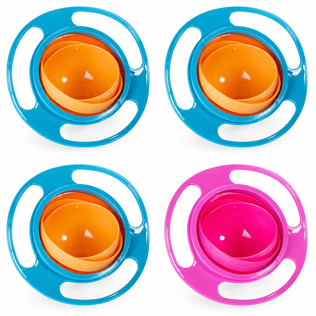 Four rotating snack bowls: three blue and one pink