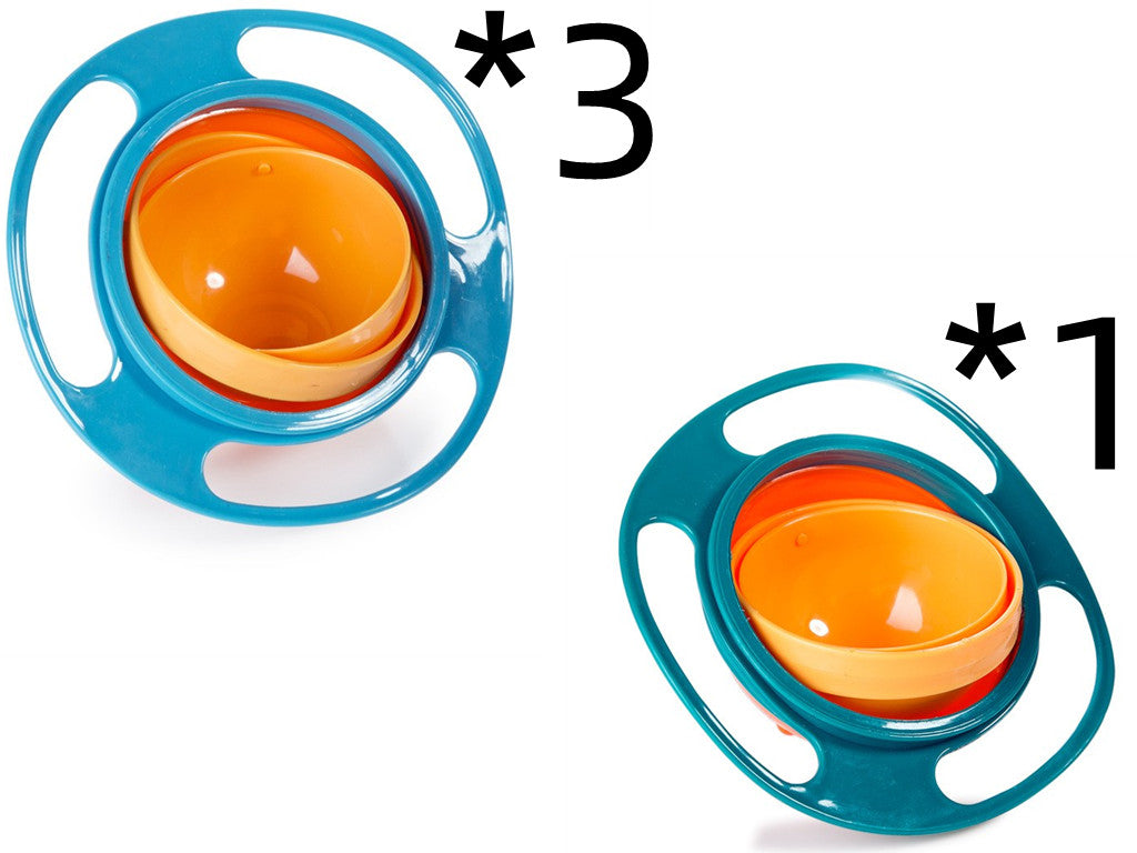 Blue and green rotating snack bowls labeled as three blue bowls and one green bowl