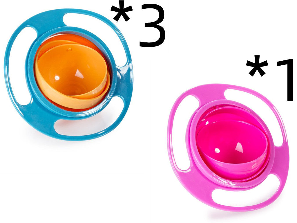 Blue and pink rotating snack bowls labeled as three blue bowls and one pink bowl