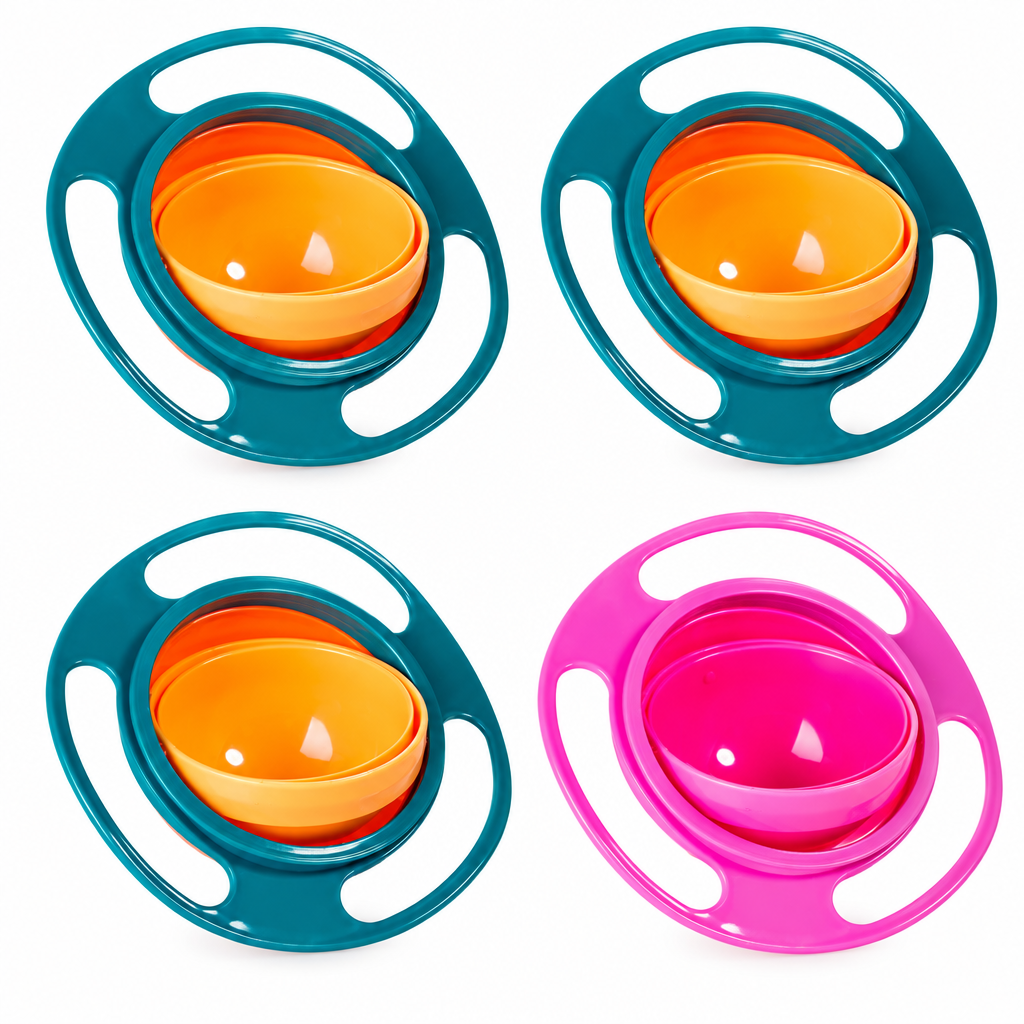 Four rotating snack bowls: three green and one pink