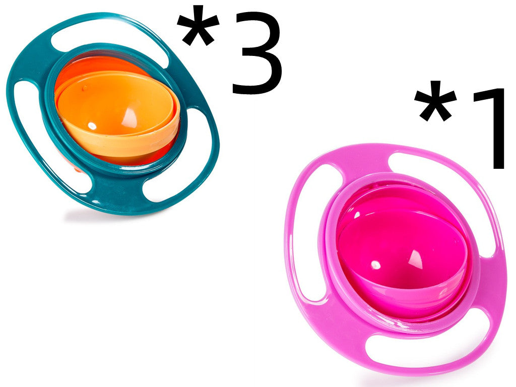 Green and pink rotating snack bowls labeled as three green bowls and one pink bowl