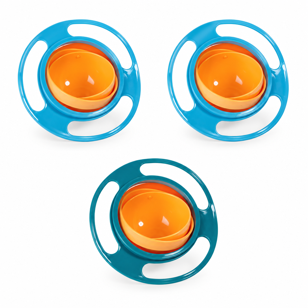 Three rotating snack bowls: two blue and one green