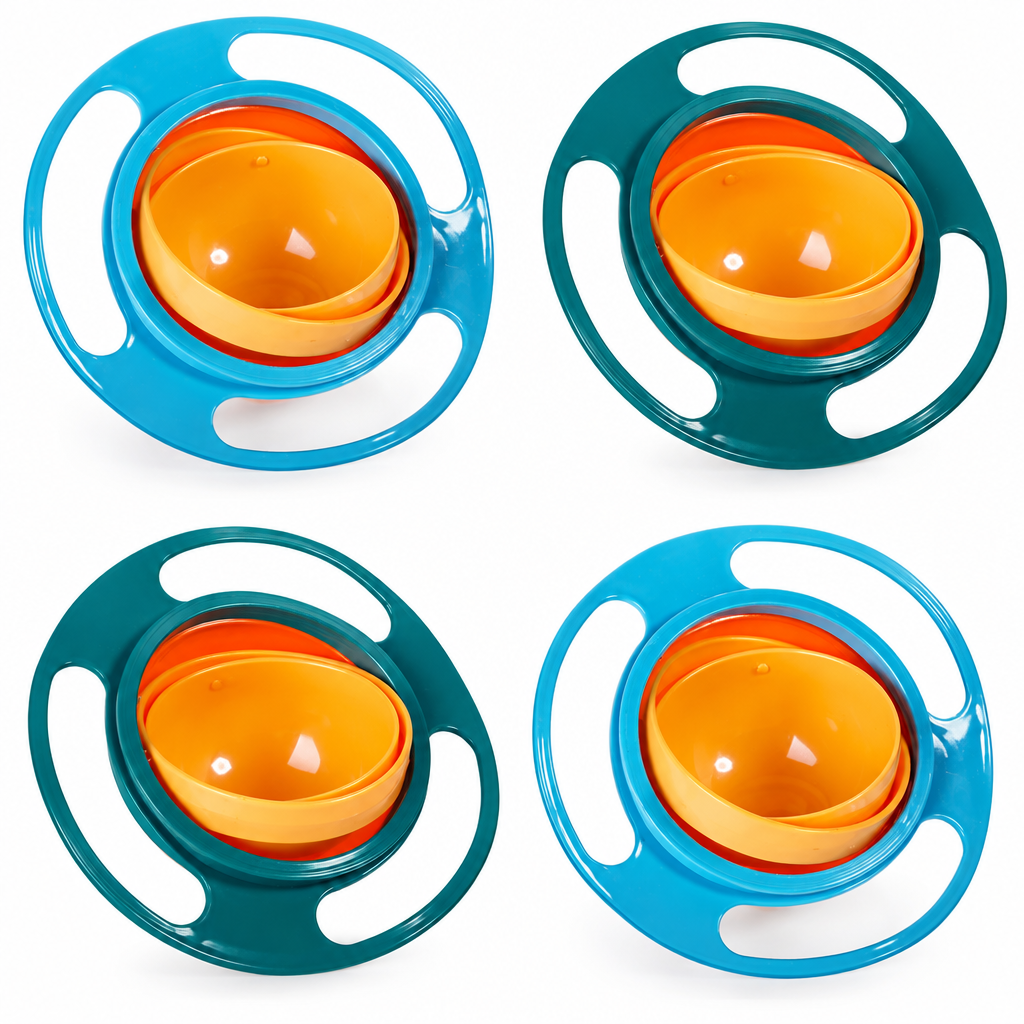 Four rotating snack bowls: two blue and two green