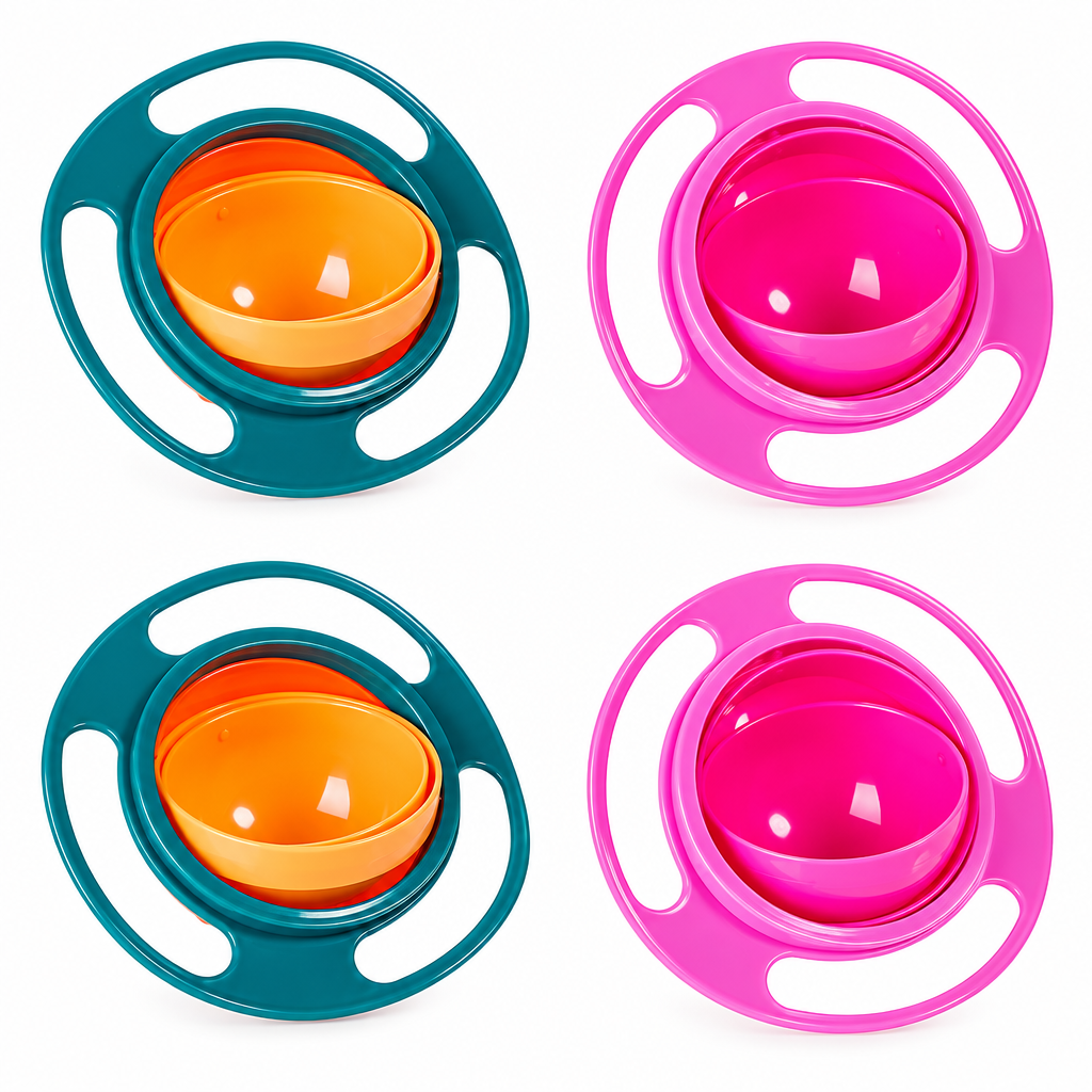 Four rotating snack bowls: two green and two pink