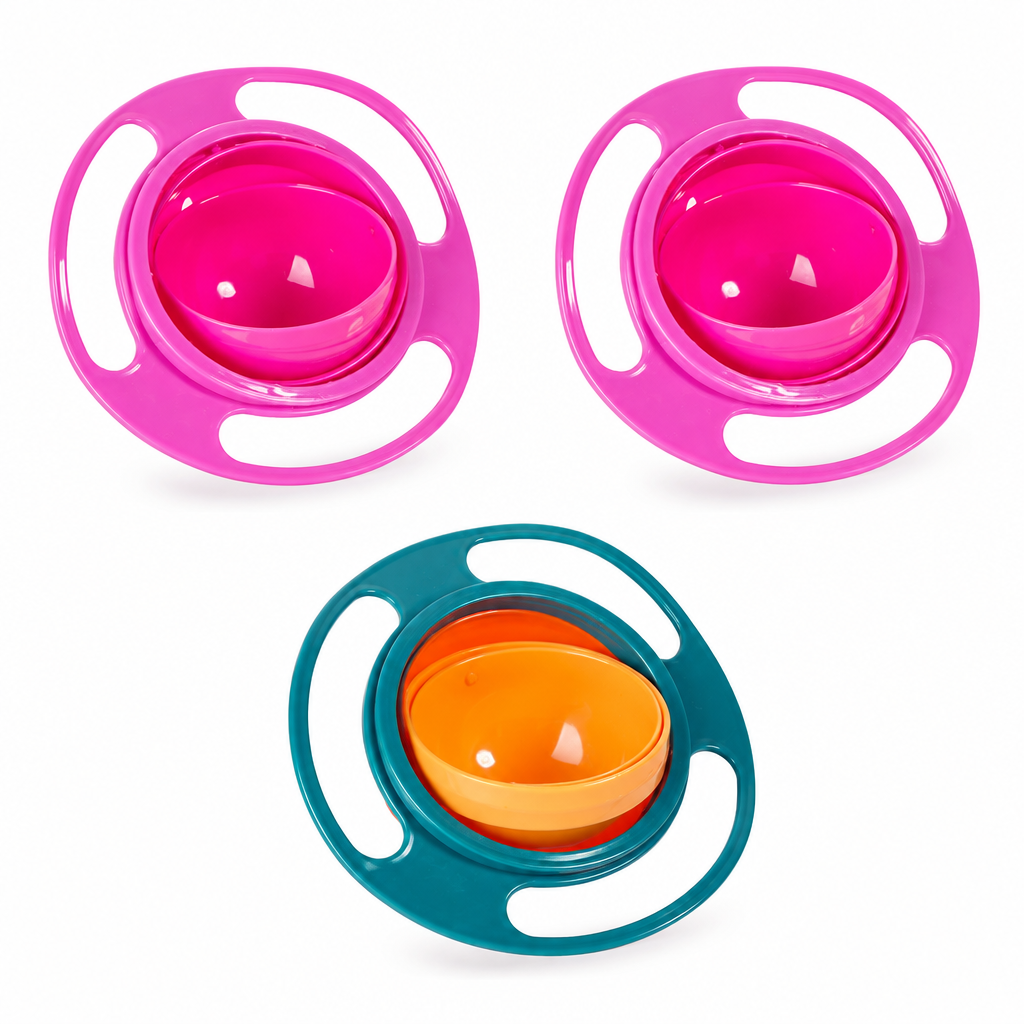Three rotating snack bowls: two pink and one green